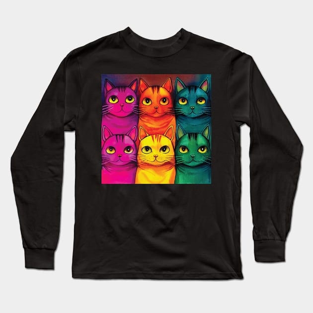 Multicoloured Cats Print in Bold Pink, Orange, Yellow, Green and Blue Long Sleeve T-Shirt by Geminiartstudio